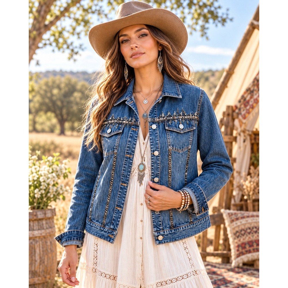 Chico's Beaded Embellished Stretch Denim Jacket Blue Jean Trucker Size 1 M